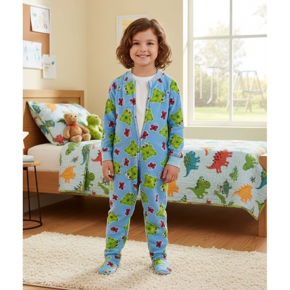 Total Girl Footed Pajamas Size XS‎ Blue Frog Butterfly Print One Piece Sleepwear